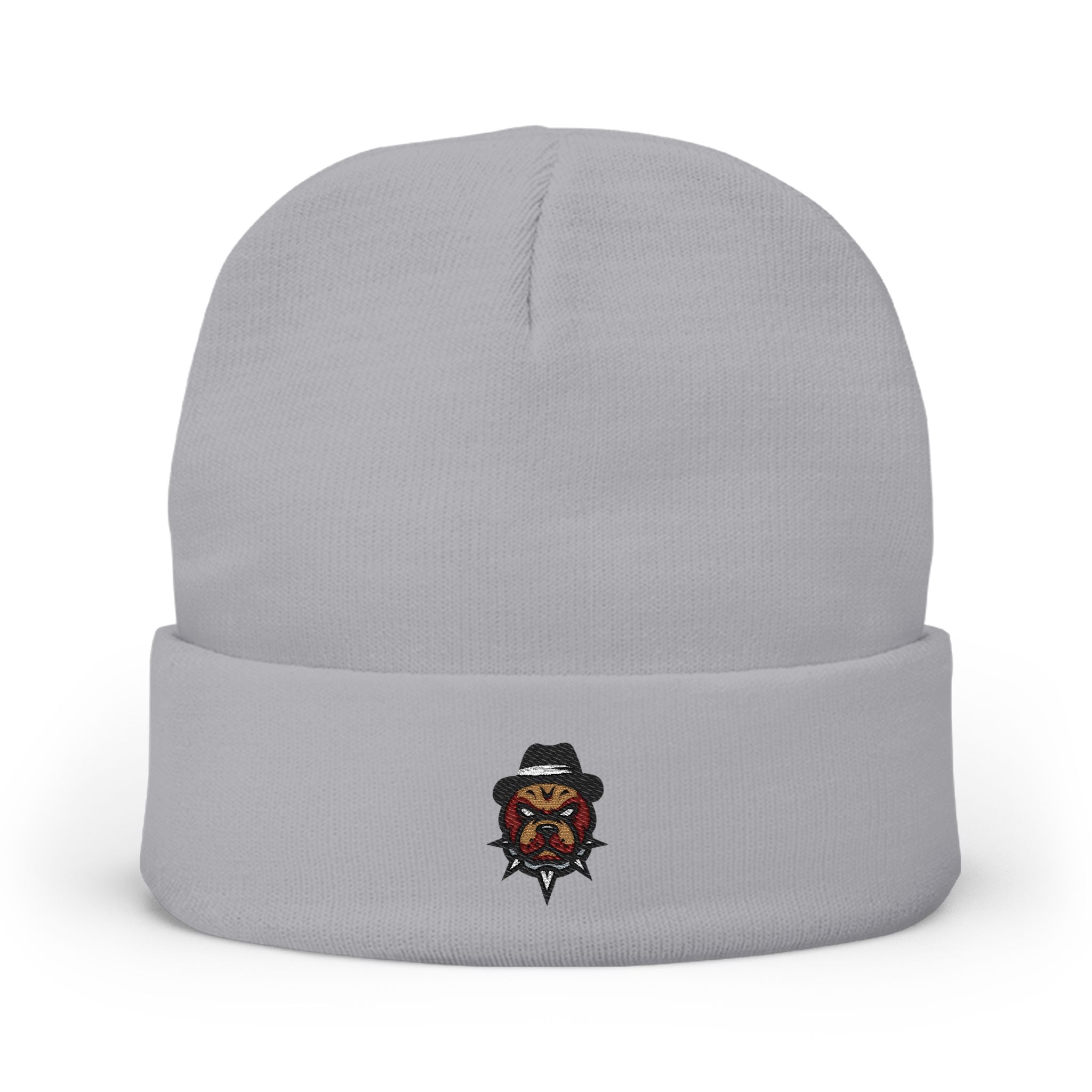 Embroidered Bulldog Knit Beanie — Cozy Winter Hat with Small Dog Patch
