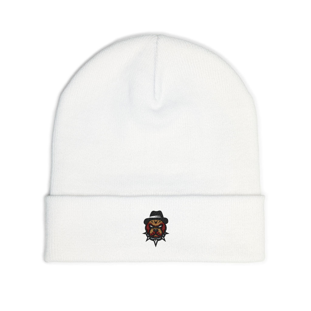 Embroidered Bulldog Knit Beanie — Cozy Winter Hat with Small Dog Patch