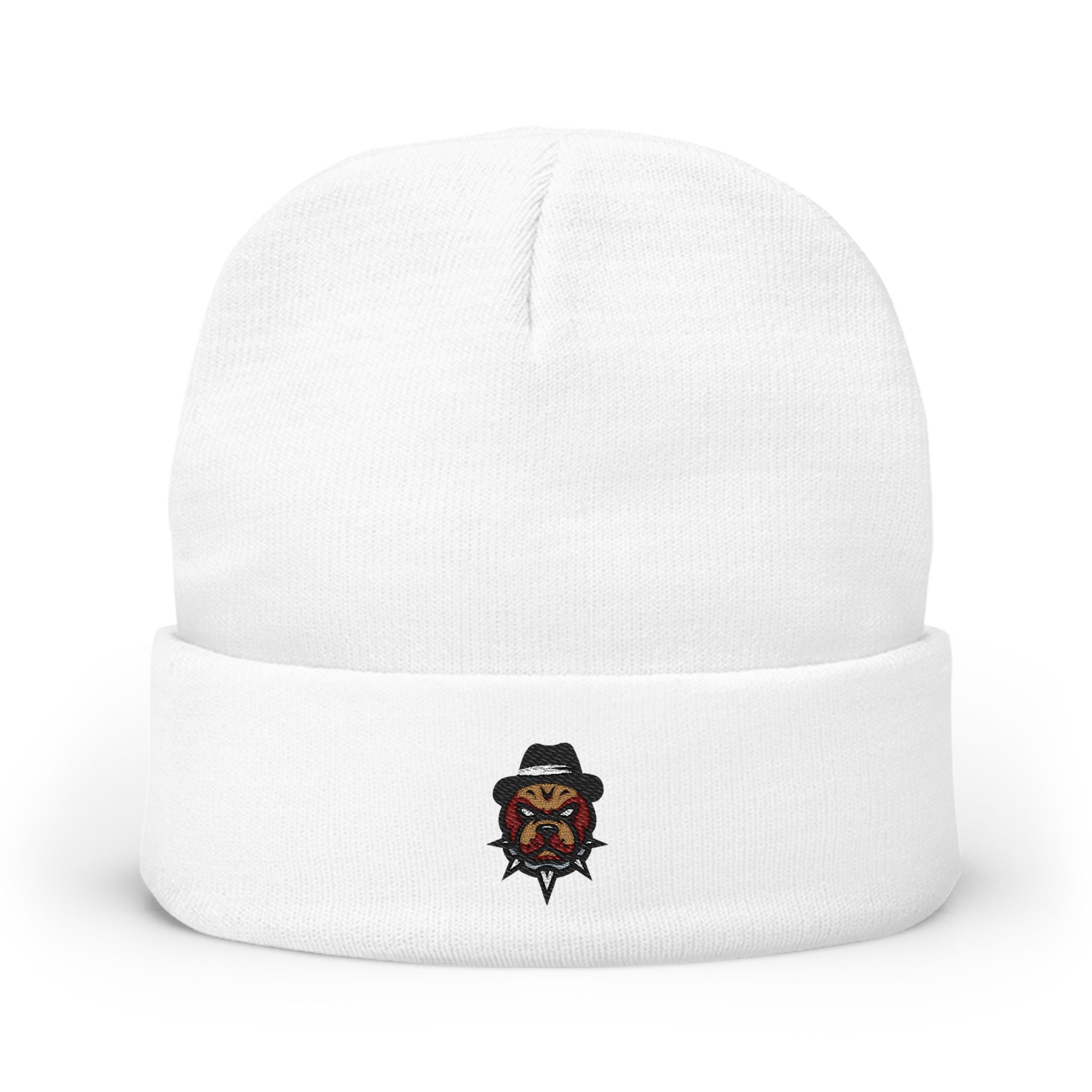 Embroidered Bulldog Knit Beanie — Cozy Winter Hat with Small Dog Patch